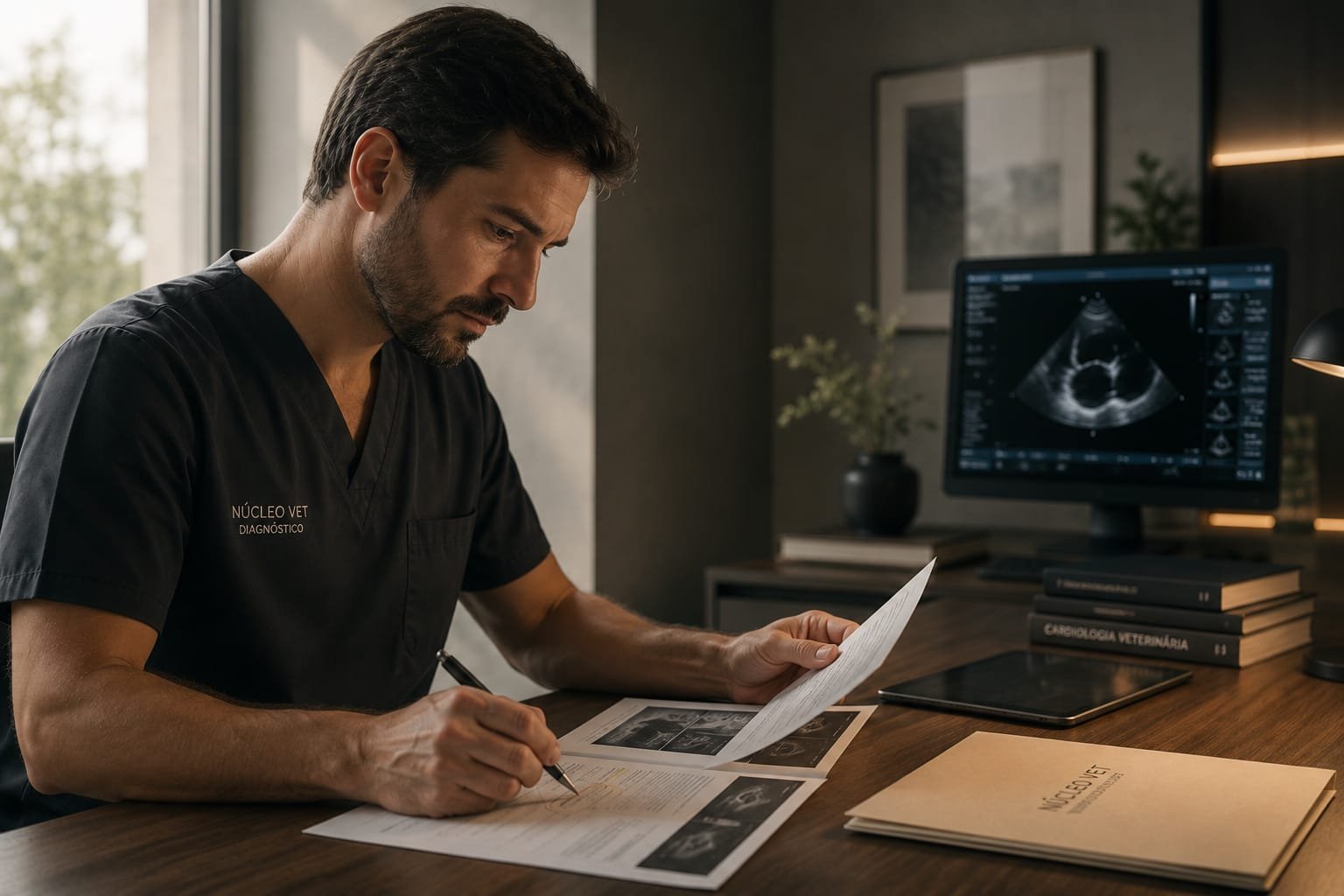 Cena editorial de análise diagnóstica veterinária, com laudo de ecocardiograma sobre a mesa.