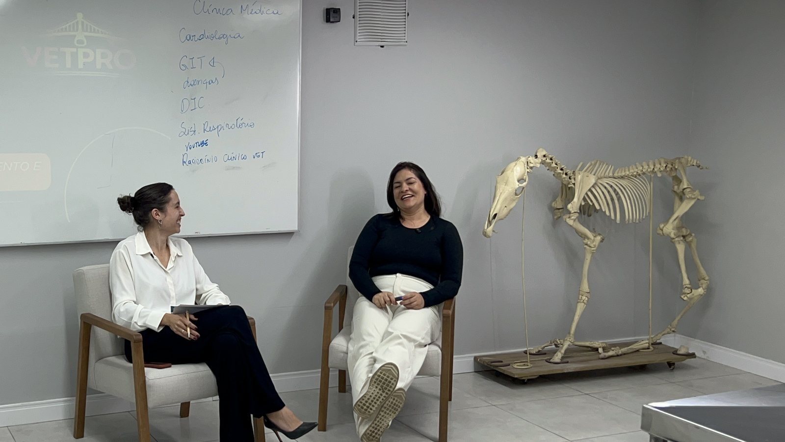 Duas pessoas sentadas em poltronas, voltadas uma para a outra, diante de uma lousa com temas clínicos; ao lado, um esqueleto de equino montado.